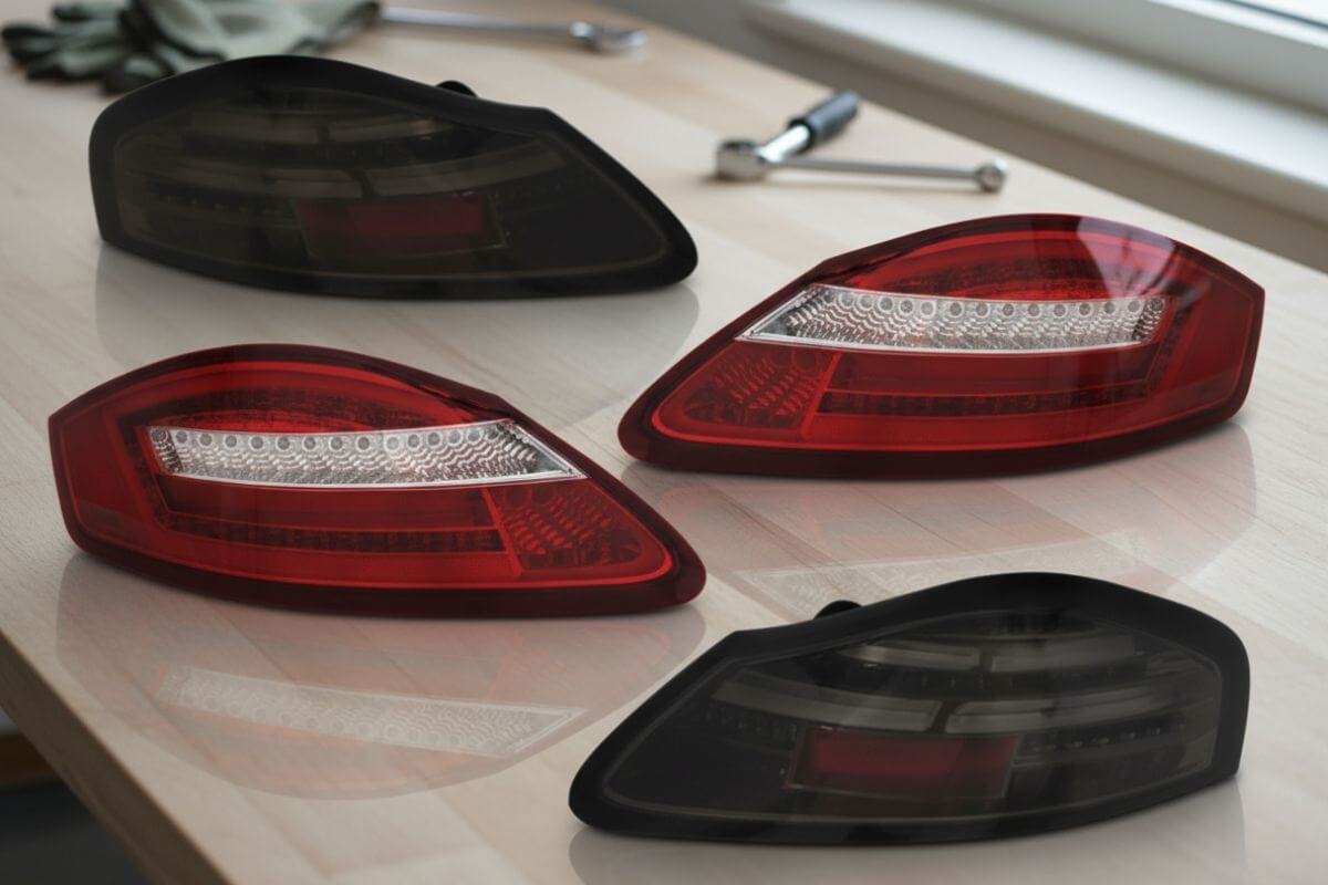 mehrere Rücklichter für Porsche auf einem Tisch